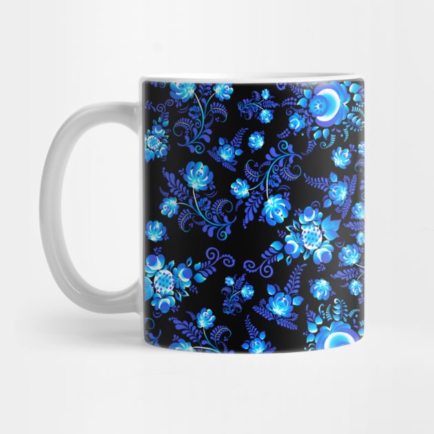 Blue flowers ornament on black background by BumbleBambooPrints